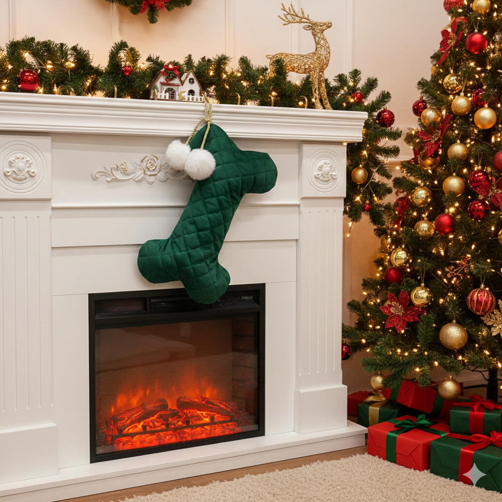 Bone Shape Dog Christmas Stocking - Quilted Velvet Pet Gift Bag with Pom Pom Accent