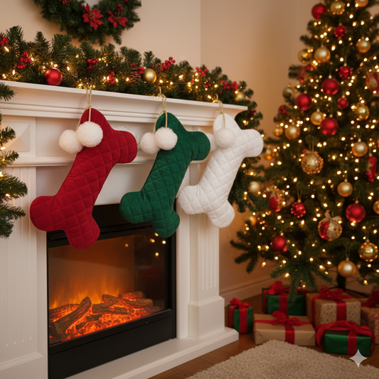 Bone Shape Dog Christmas Stocking - Quilted Velvet Pet Gift Bag with Pom Pom Accent