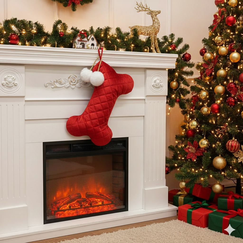 Bone Shape Dog Christmas Stocking - Quilted Velvet Pet Gift Bag with Pom Pom Accent