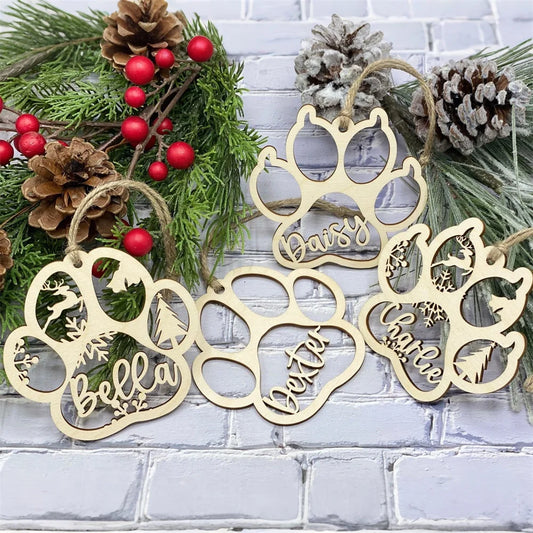 Personalized Pet Paw Print Christmas Ornament | Custom Engraved Wood Cat & Dog Name Keepsake | Pet Memorial Gift