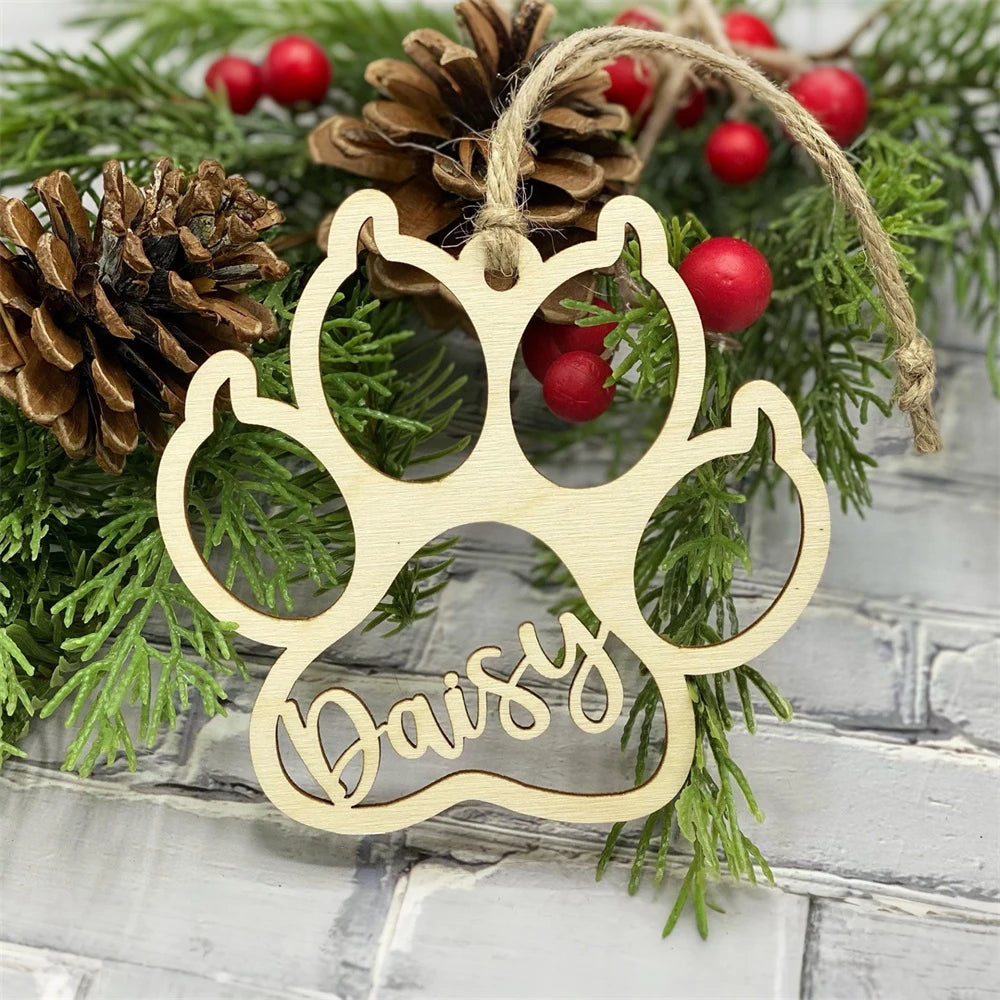 Personalized Pet Paw Print Christmas Ornament | Custom Engraved Wood Cat & Dog Name Keepsake | Pet Memorial Gift