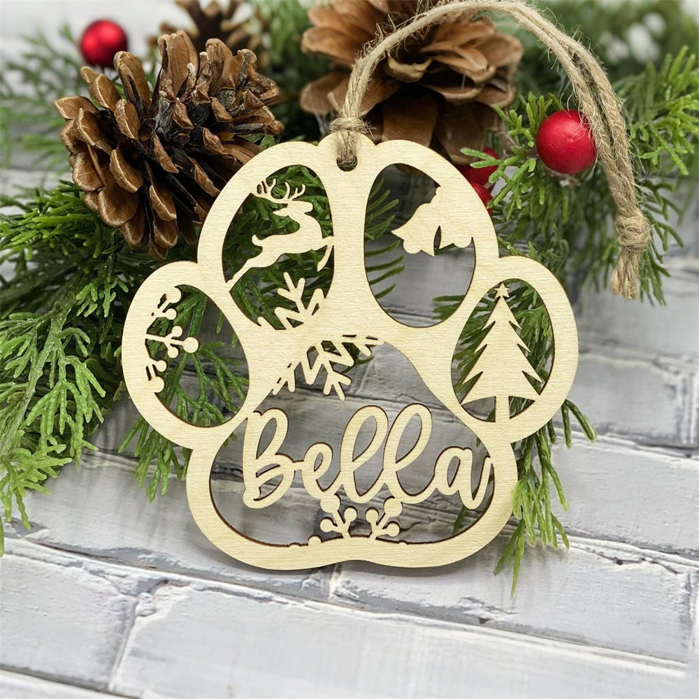 Personalized Pet Paw Print Christmas Ornament | Custom Engraved Wood Cat & Dog Name Keepsake | Pet Memorial Gift