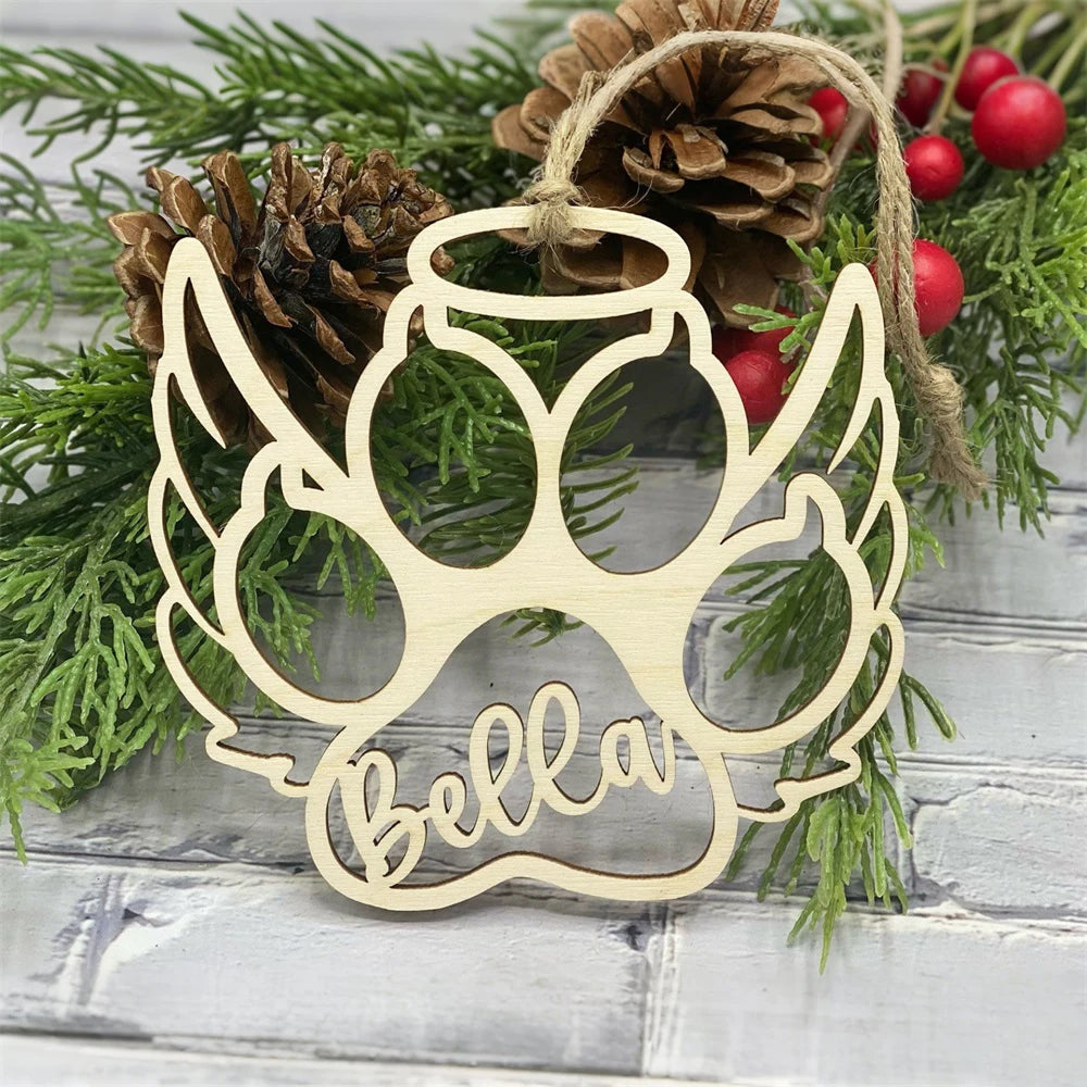 Personalized Pet Paw Print Christmas Ornament | Custom Engraved Wood Cat & Dog Name Keepsake | Pet Memorial Gift