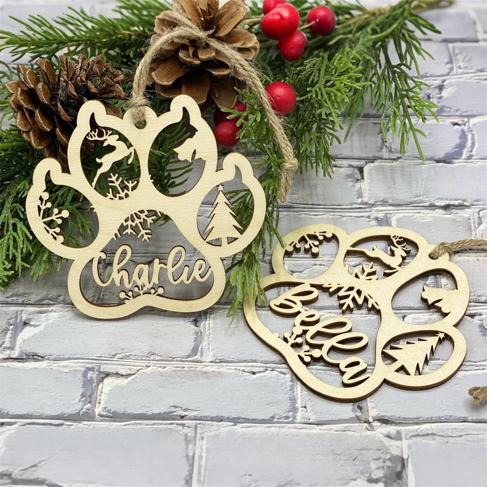 Personalized Pet Paw Print Christmas Ornament | Custom Engraved Wood Cat & Dog Name Keepsake | Pet Memorial Gift