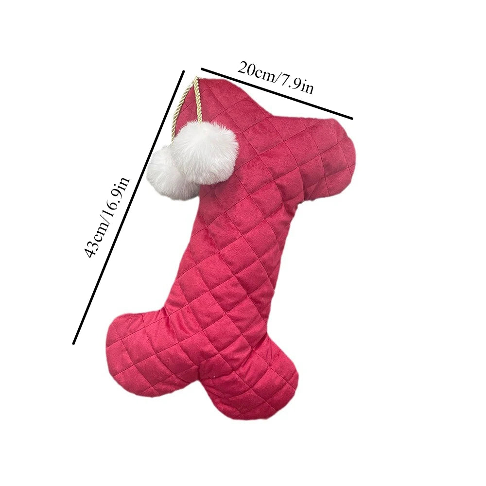 Bone Shape Dog Christmas Stocking - Quilted Velvet Pet Gift Bag with Pom Pom Accent