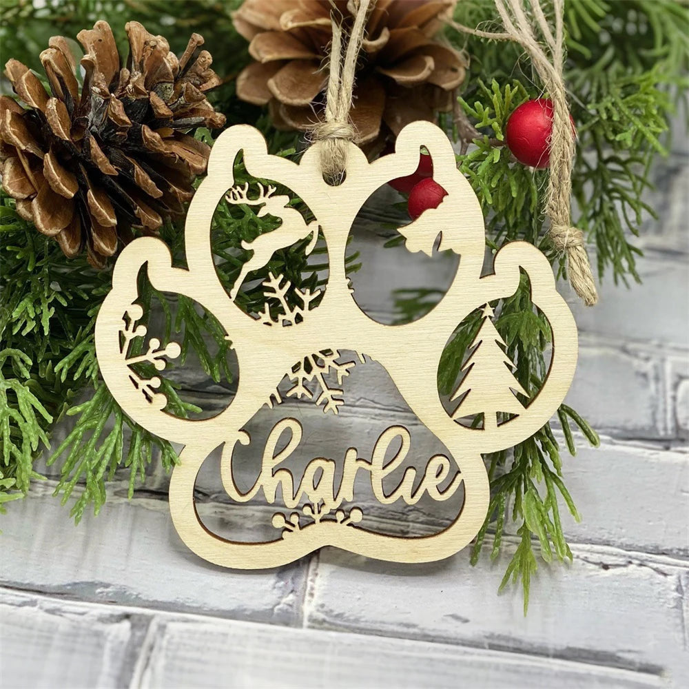 Personalized Pet Paw Print Christmas Ornament | Custom Engraved Wood Cat & Dog Name Keepsake | Pet Memorial Gift